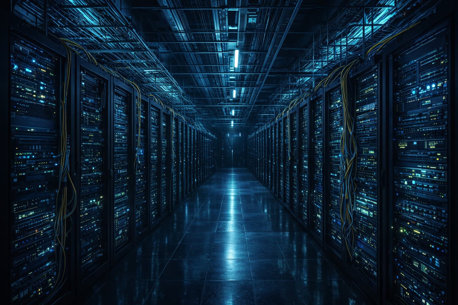 National telecom infrastructure server hub with fiber optic cables and status indicators