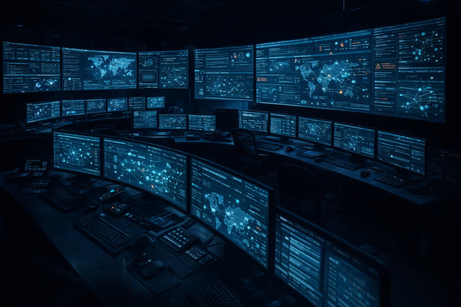 Mission-critical network operations command center with data dashboards glowing in the dark
