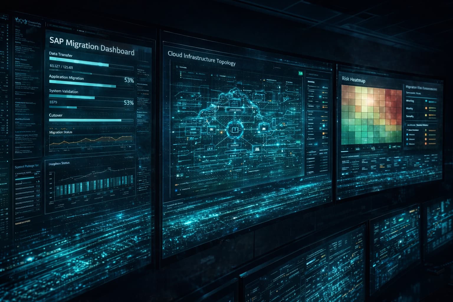 Enterprise data visualization wall showing SAP migration and cloud infrastructure dashboards