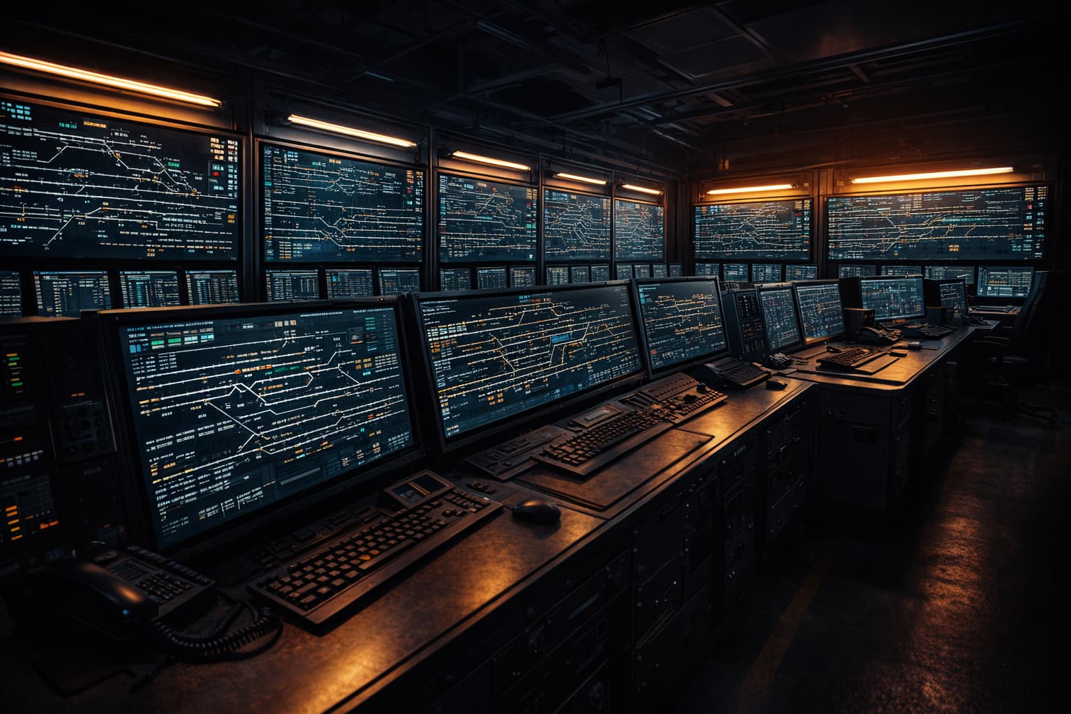 Tier-1 rail infrastructure control room with live track and signal monitoring systems