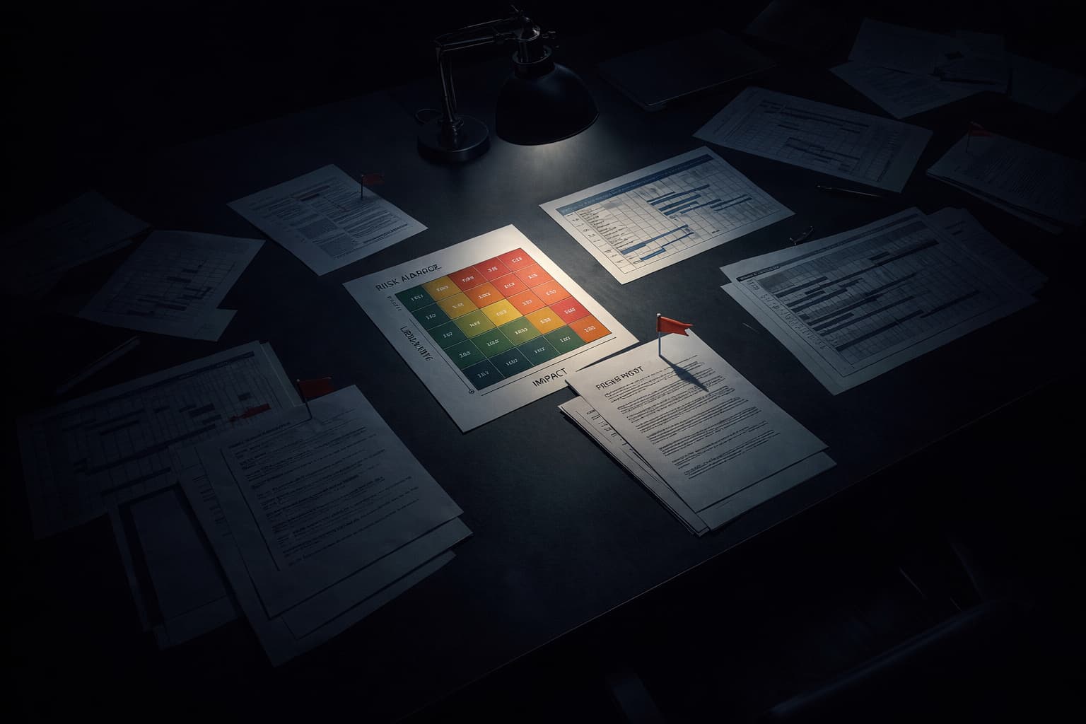 Project war room with risk matrices, Gantt charts, and red-flagged documents under dramatic lighting