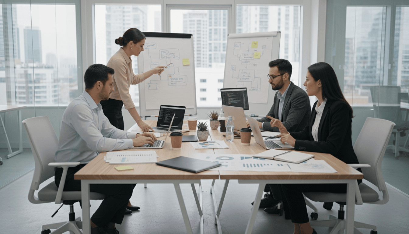 IT consultants collaborating on program management strategy at a professional workspace