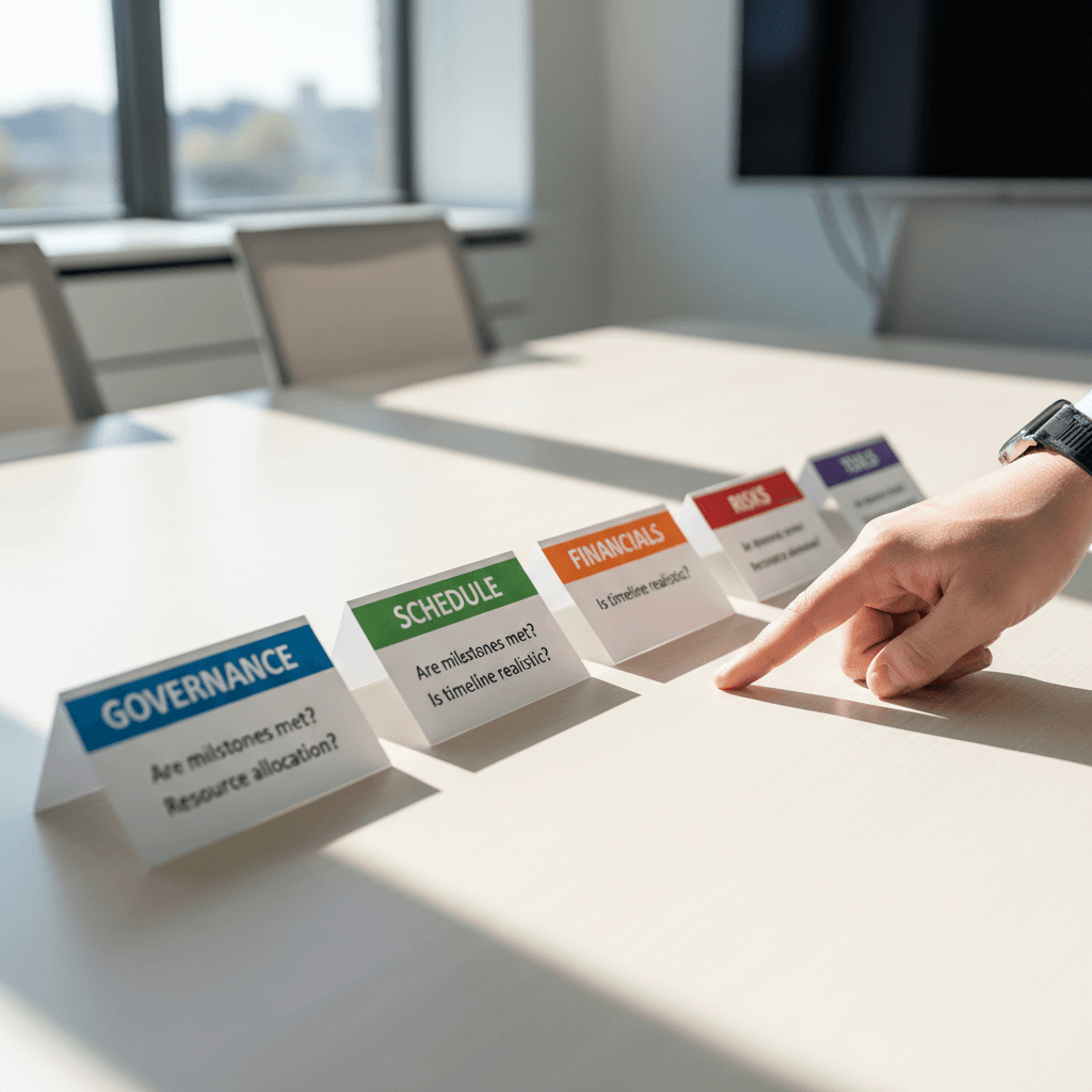 Five audit domain cards spread across a project table