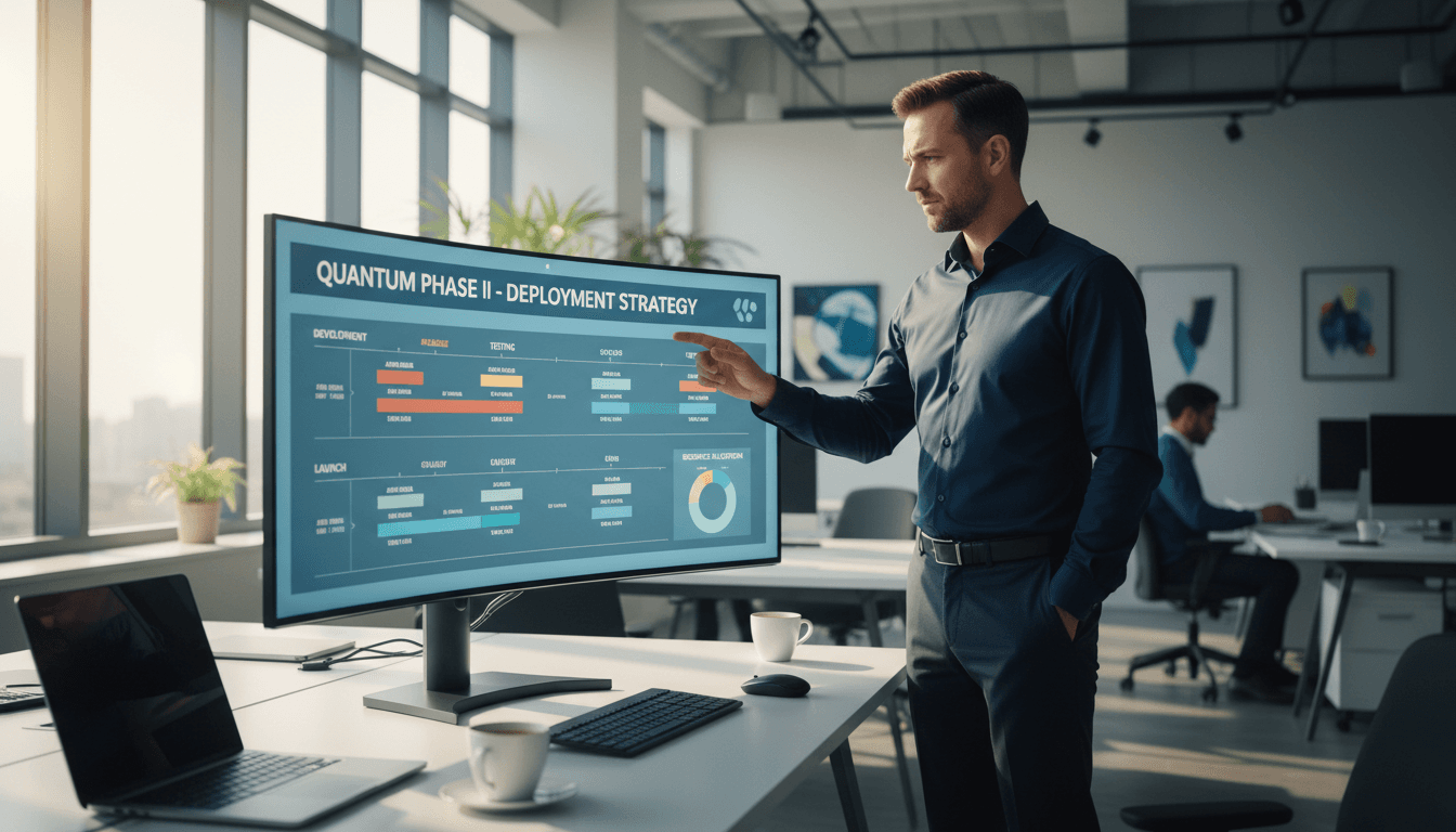 IT professional reviewing a detailed project roadmap on a large monitor in a modern Montreal office