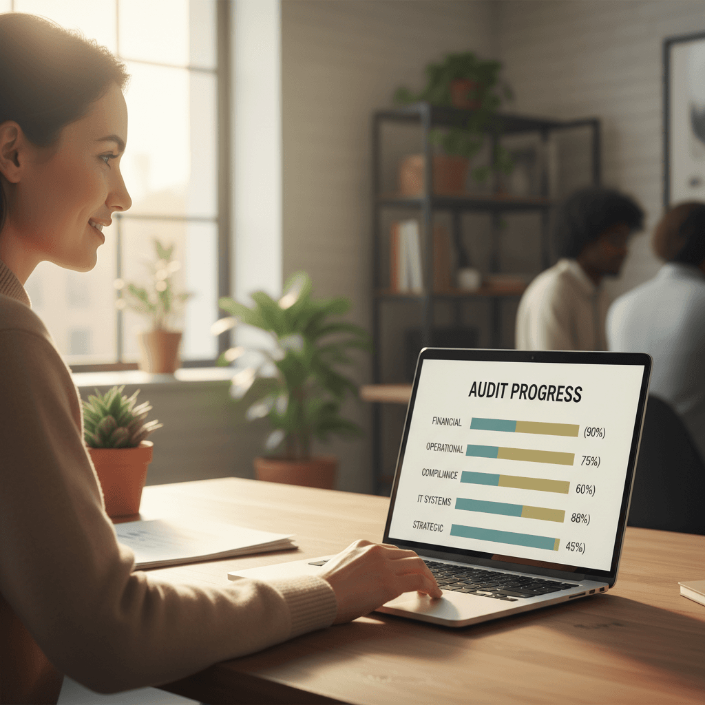 Executive reviewing interactive audit checklist on laptop