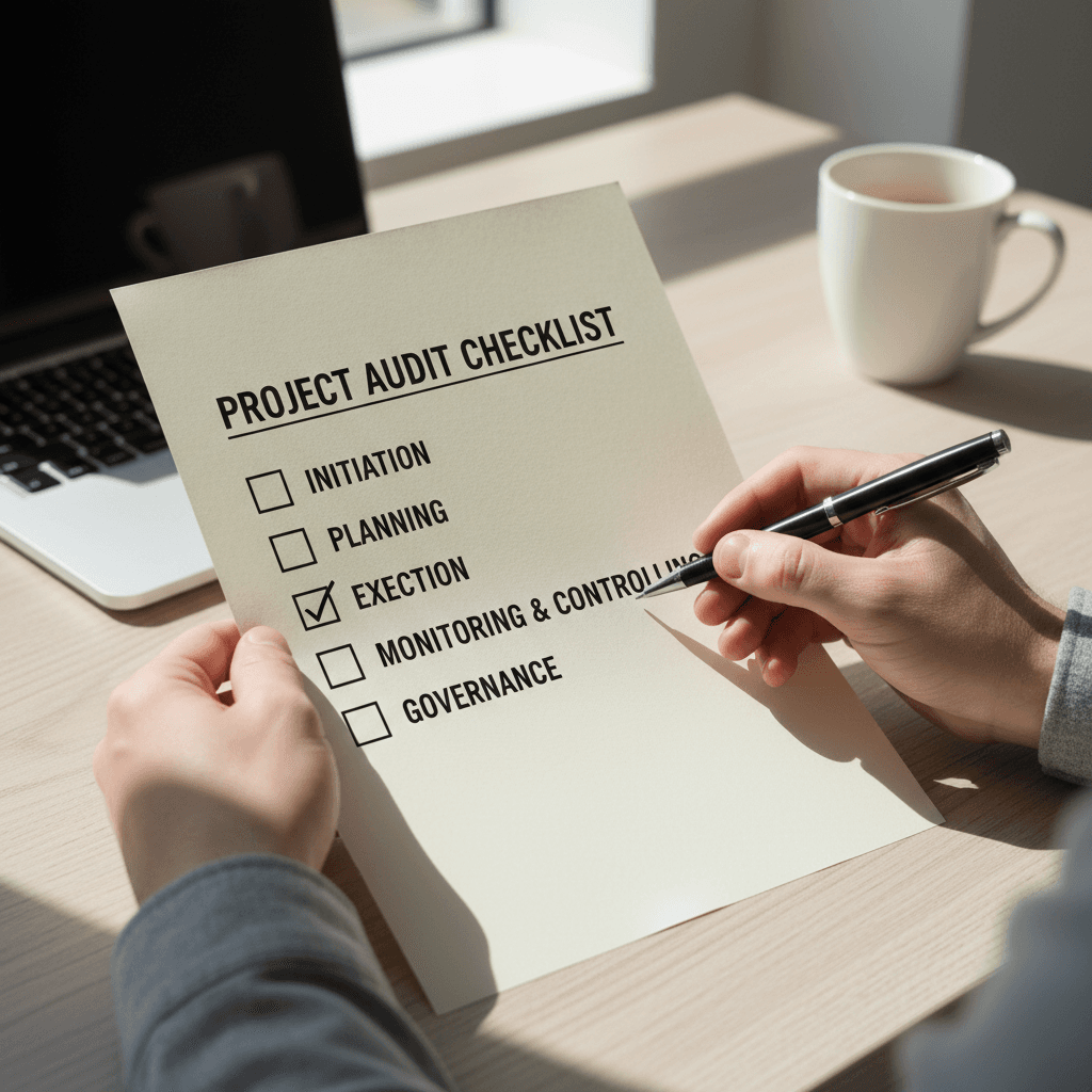 Project manager reviewing governance checklist with pen