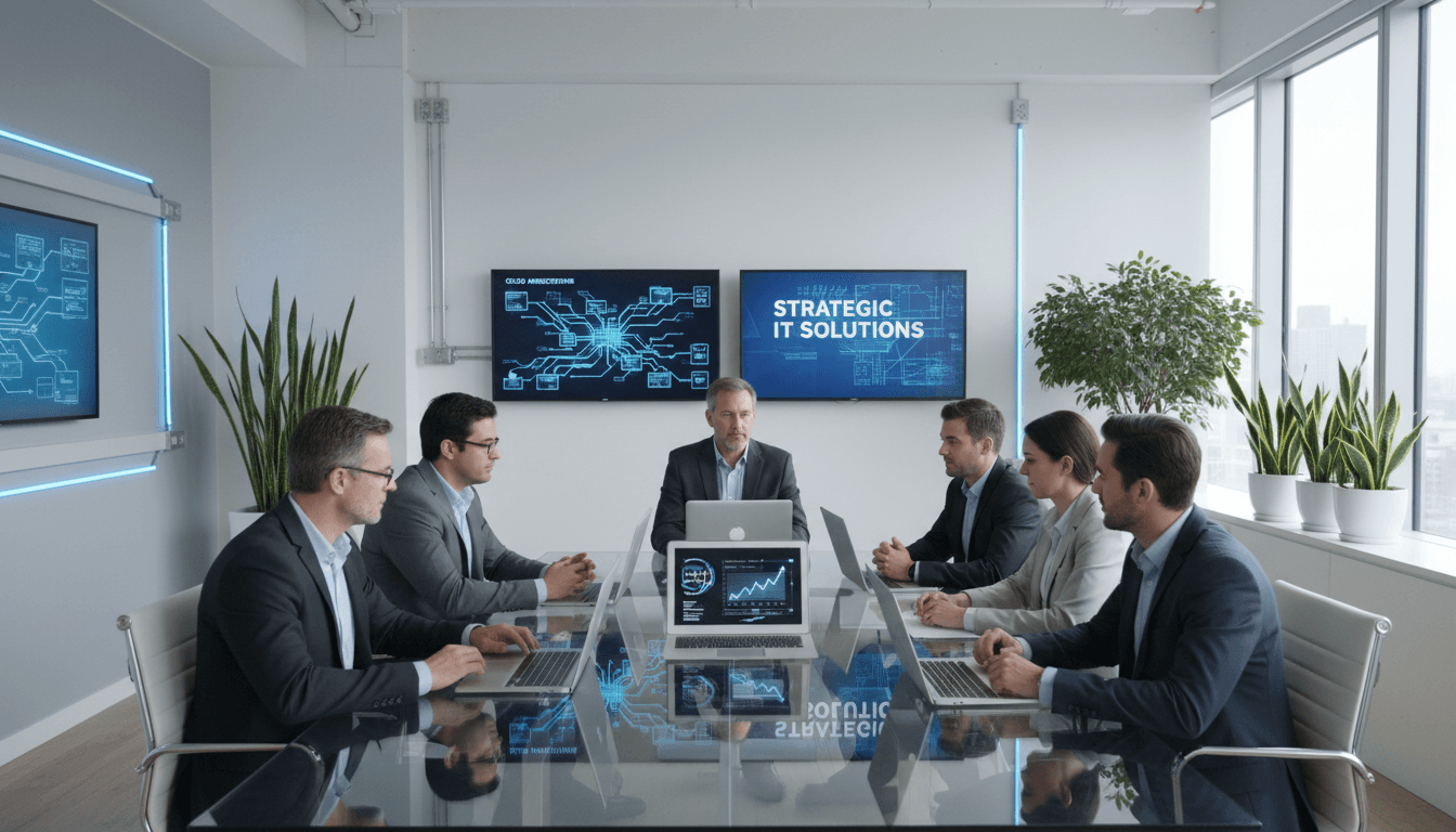 Professional consultant reviewing IT project roadmap in modern office environment