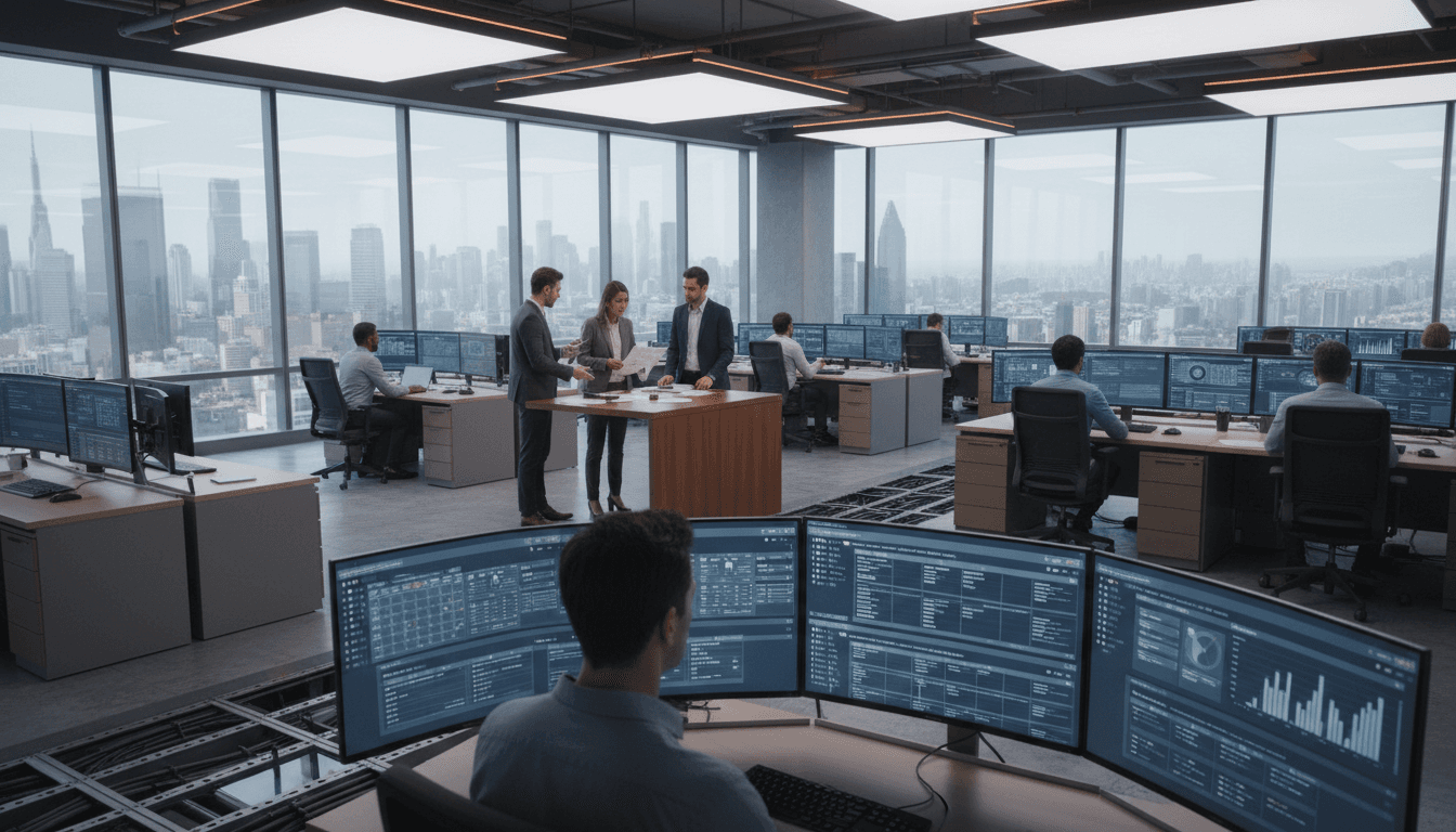 Operations team monitors project dashboards and scheduling systems from multiple workstations in modern office environment