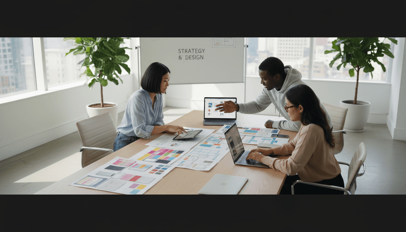 Diverse marketing team collaborating around conference table reviewing website wireframes and design mockups in bright modern office