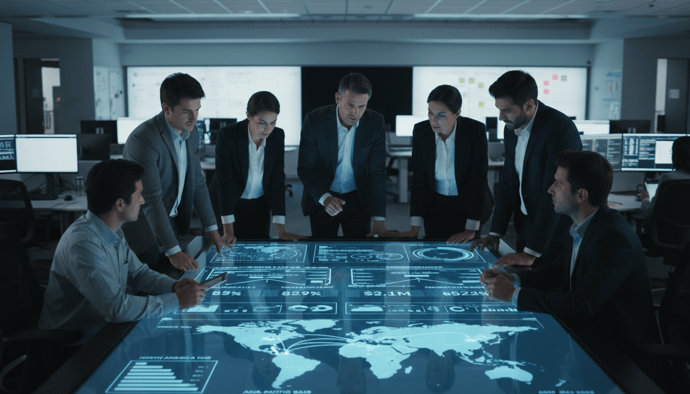 Diverse team reviewing programme metrics and global timelines on large interactive digital displays in modern command center